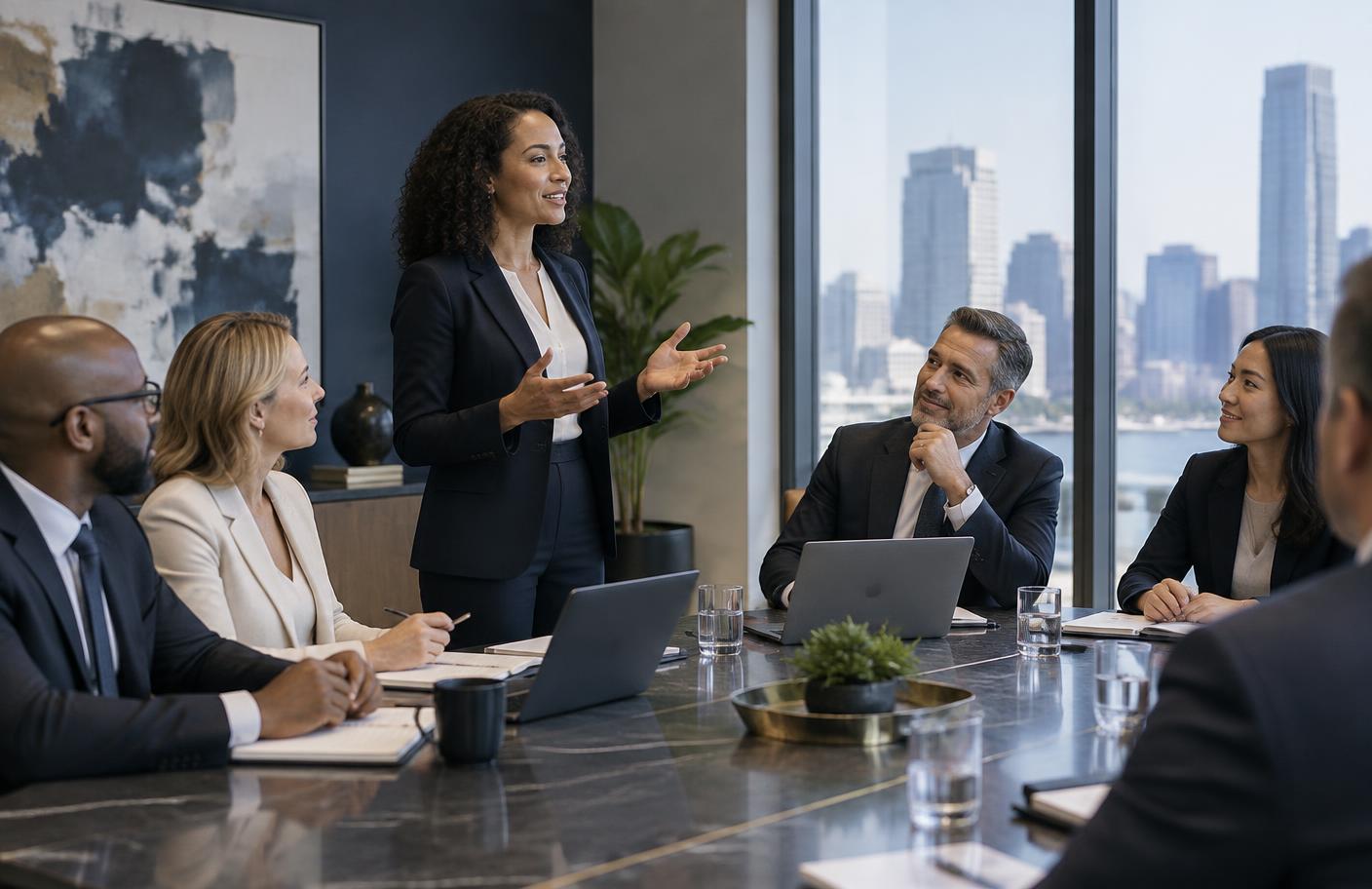 A professional confidently presenting an idea to senior colleagues