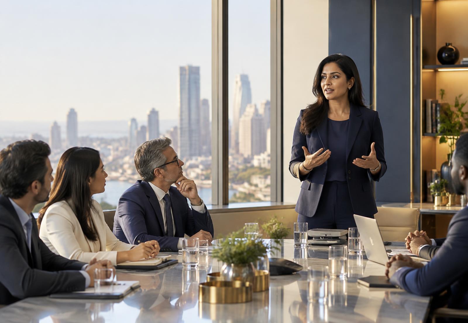 A poised woman presenting to professionals in a modern boardroom